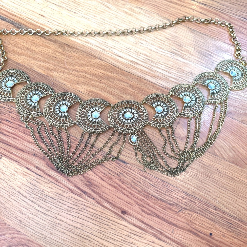 Antique Gold Boho Filigree Chain Belt Rhinestone Crescent Moon Coin Charm